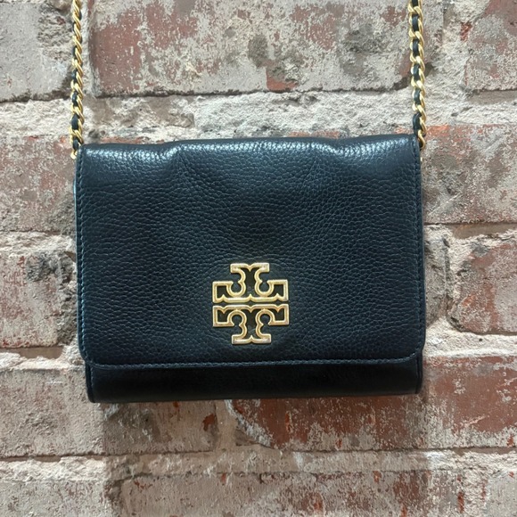 Tory Burch Britten Black Leather Wallet Crossbody Chain Bag Gold Logo - Picture 3 of 8